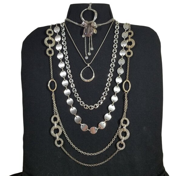 Shiny Necklace Bundle Silver Tone Circles & Ovals 5 1/2 Pieces Choker to Rope - Picture 12 of 12